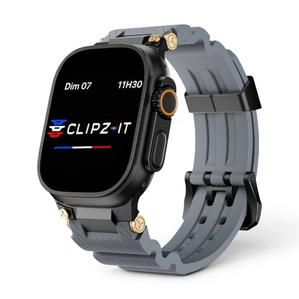 Bracelet Aureus silicone plaqué or couleur gris pour Apple Watch - Clipz-it