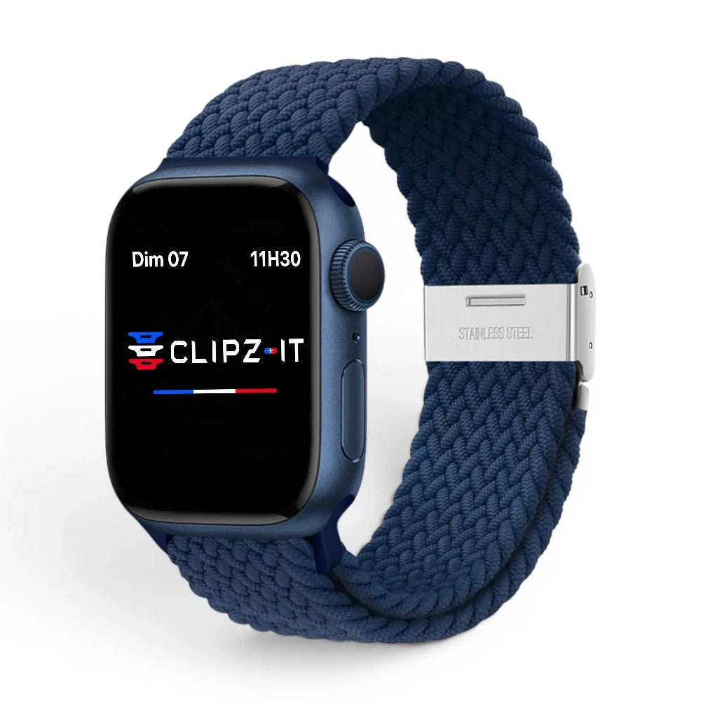 Bracelet Cloud Nylon tressé vue de face couleur Bleu nuit pour Apple Watch - Clipz-it