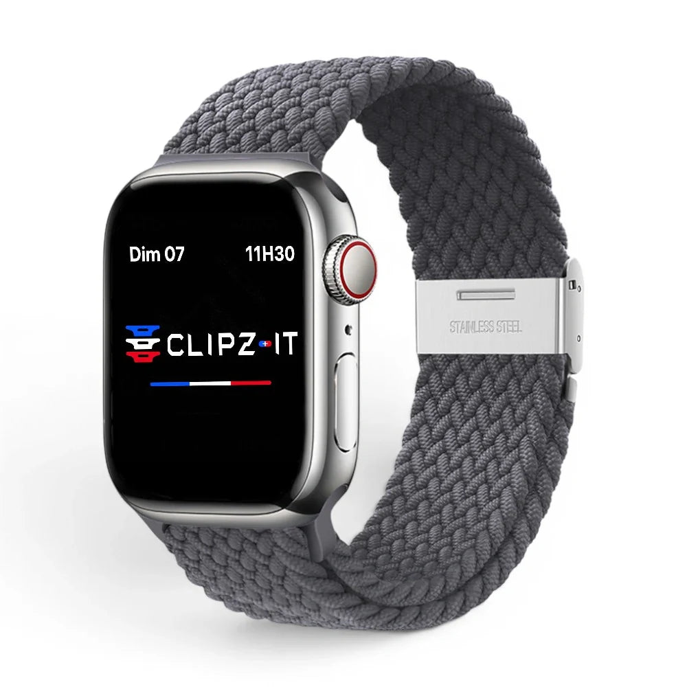 Bracelet Cloud Nylon tressé vue de face couleur Charbon pour Apple Watch - Clipz-it