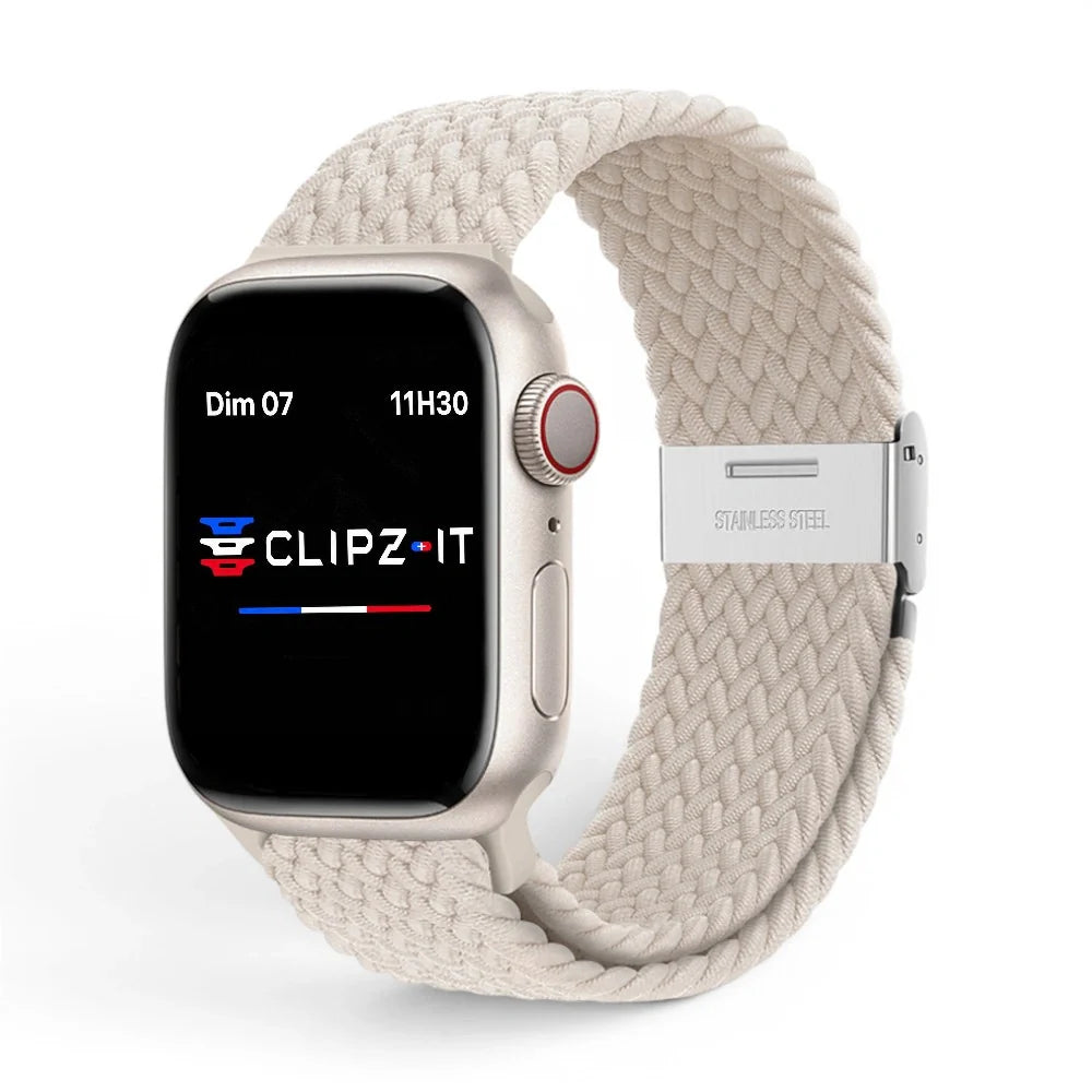Bracelet Cloud Nylon tressé vue de face couleur Lumière stellaire pour Apple Watch - Clipz-it