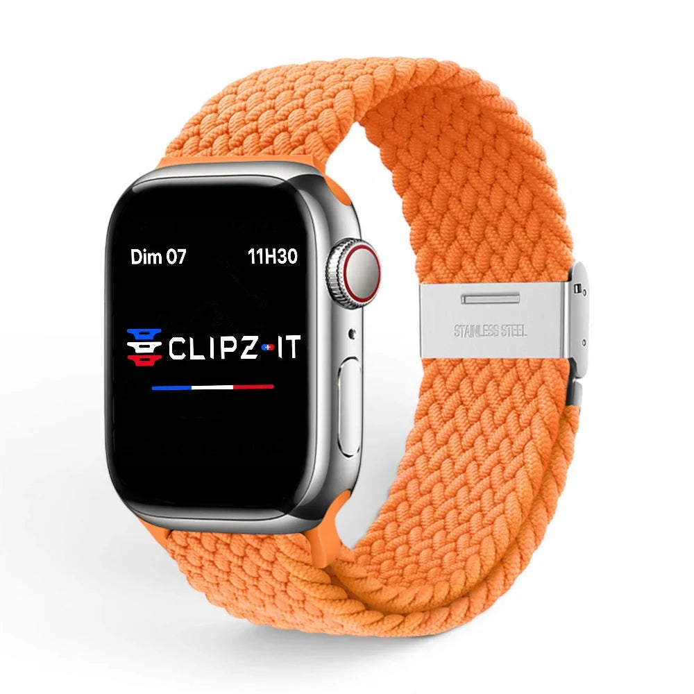 Bracelet Cloud Nylon tressé vue de face couleur Orange pour Apple Watch - Clipz-it