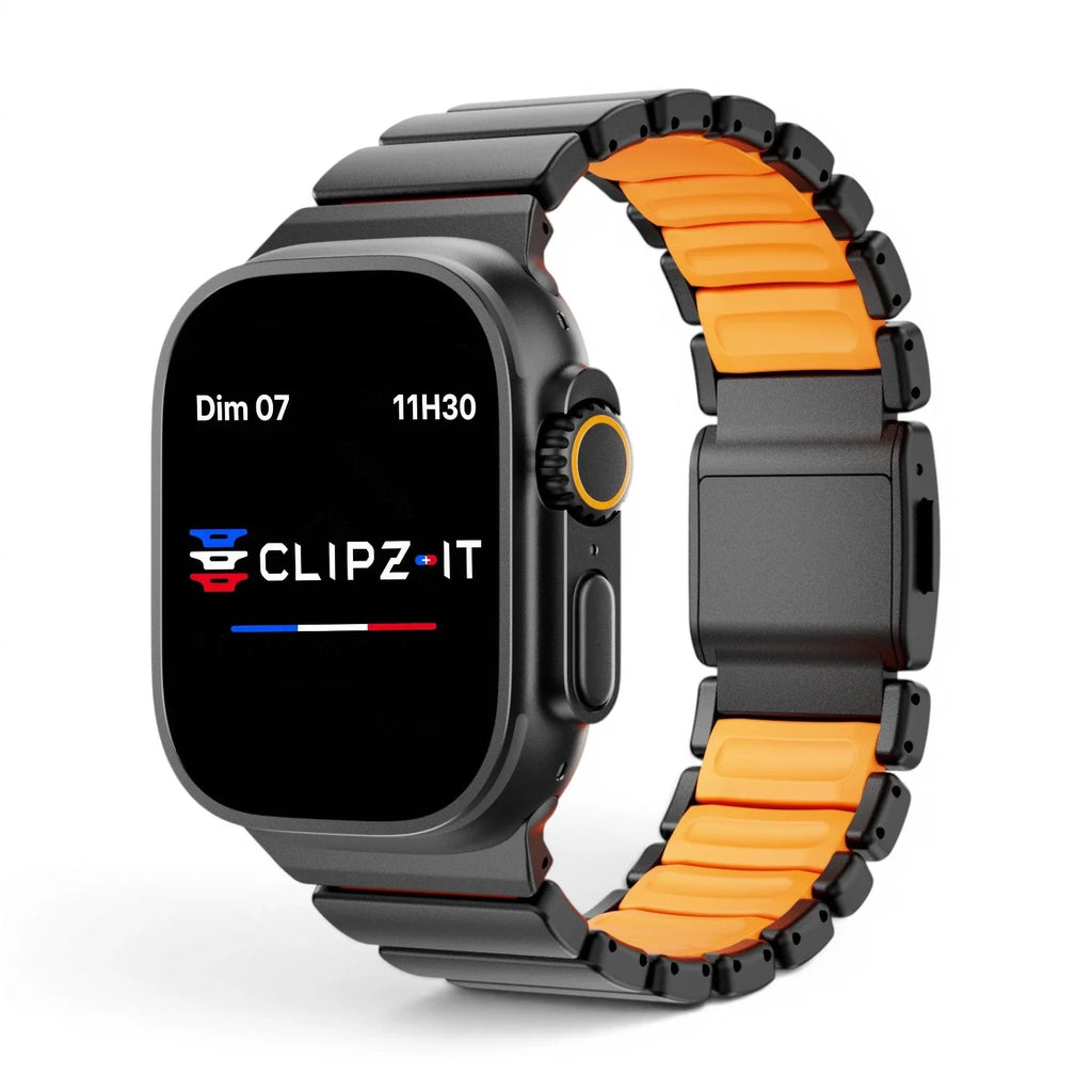 Bracelet Duetto acier & silicone sport couleur noir-et-orange pour Apple Watch - Clipz-it