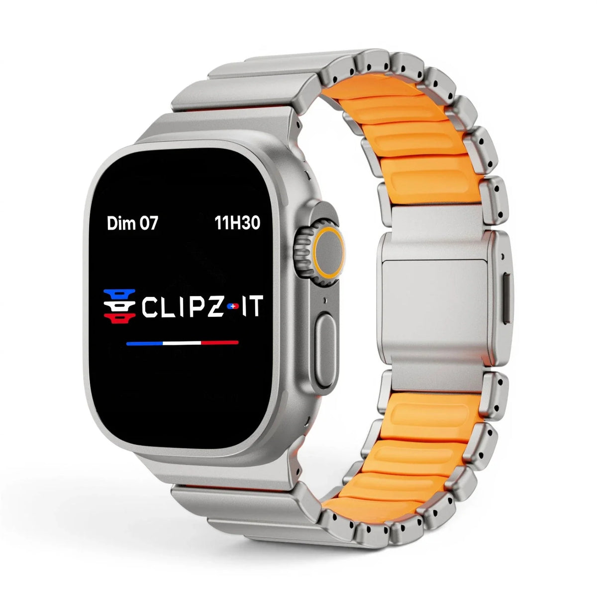 Bracelet Duetto acier & silicone sport couleur titane-et-orange pour Apple Watch - Clipz-it