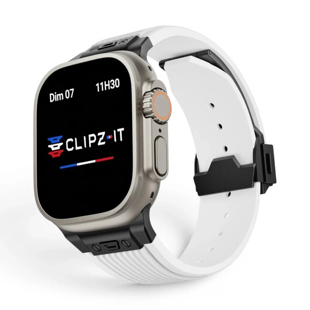 Bracelet Elite silicone premium couleur Blanc finition Noir pour Apple Watch - Clipz-it