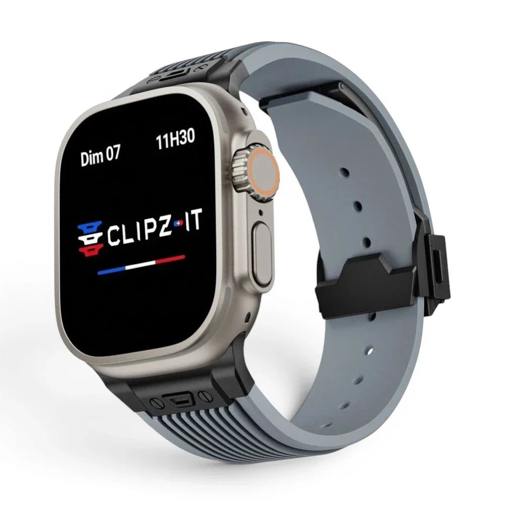 Bracelet Elite silicone premium couleur Bleu finition Noir pour Apple Watch - Clipz-it