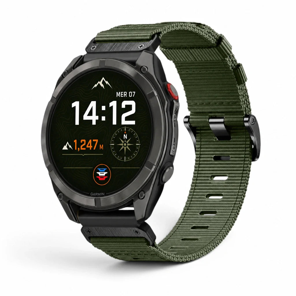 Bracelet Kevlar nylon militaire Garmin Quick-Fit 26mm cadran Clipz-it vue face - Clipz-it