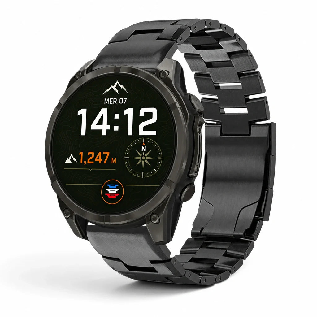 Bracelet Kratos titane Garmin Quick-Fit 26mm cadran Clipz-it vue face - Clipz-it