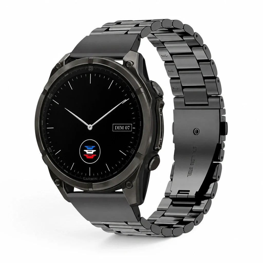 Bracelet Maillon acier inoxydable à maillons Garmin Quick-Fit 20mm cadran Clipz-it vue face - Clipz-it