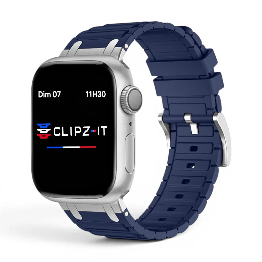 Bracelet Hexalink Silicone couleur Bleu finition Argent pour Apple Watch - Clipz-it