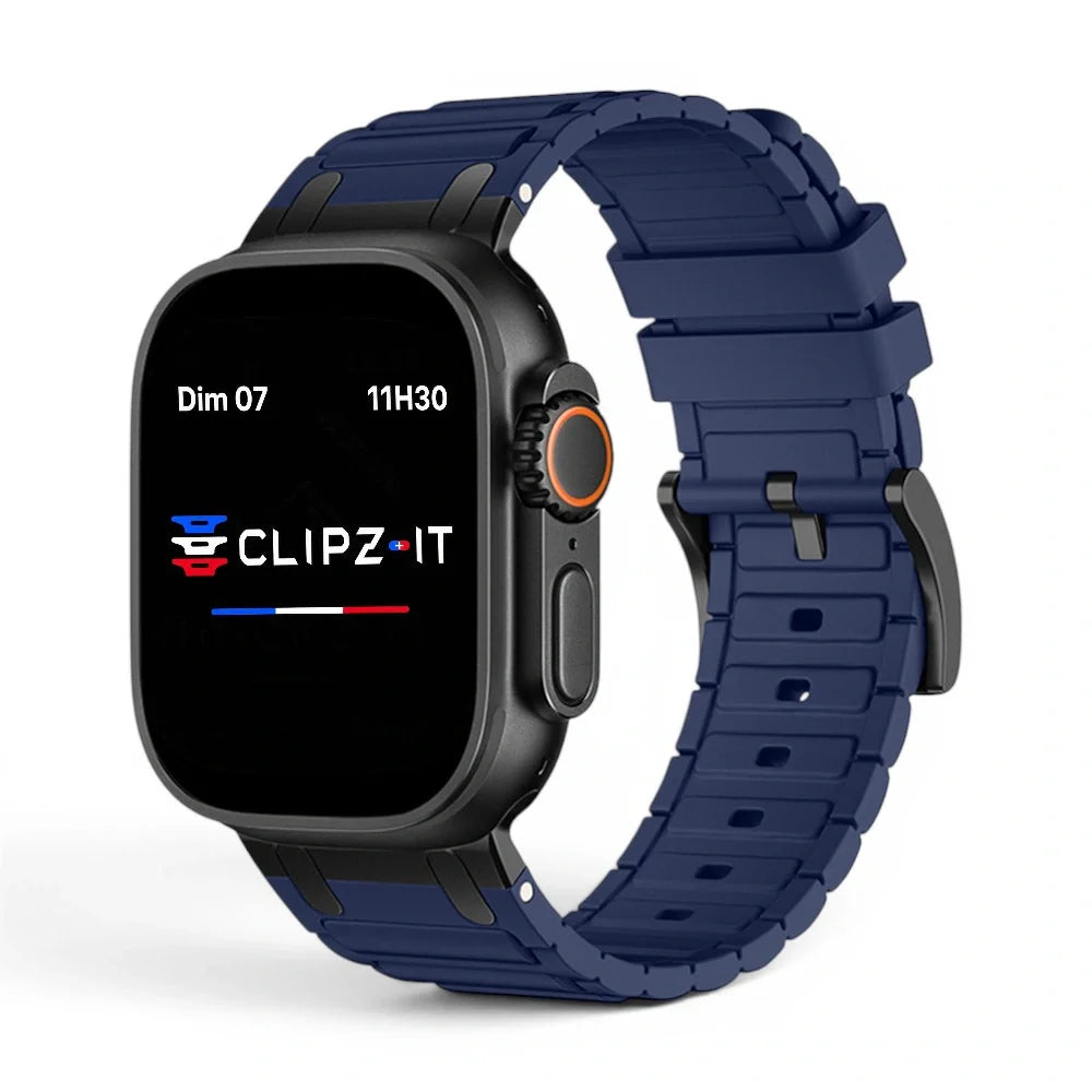 Bracelet Hexalink Silicone vue de face couleur Bleu pour Apple Watch - Clipz-it