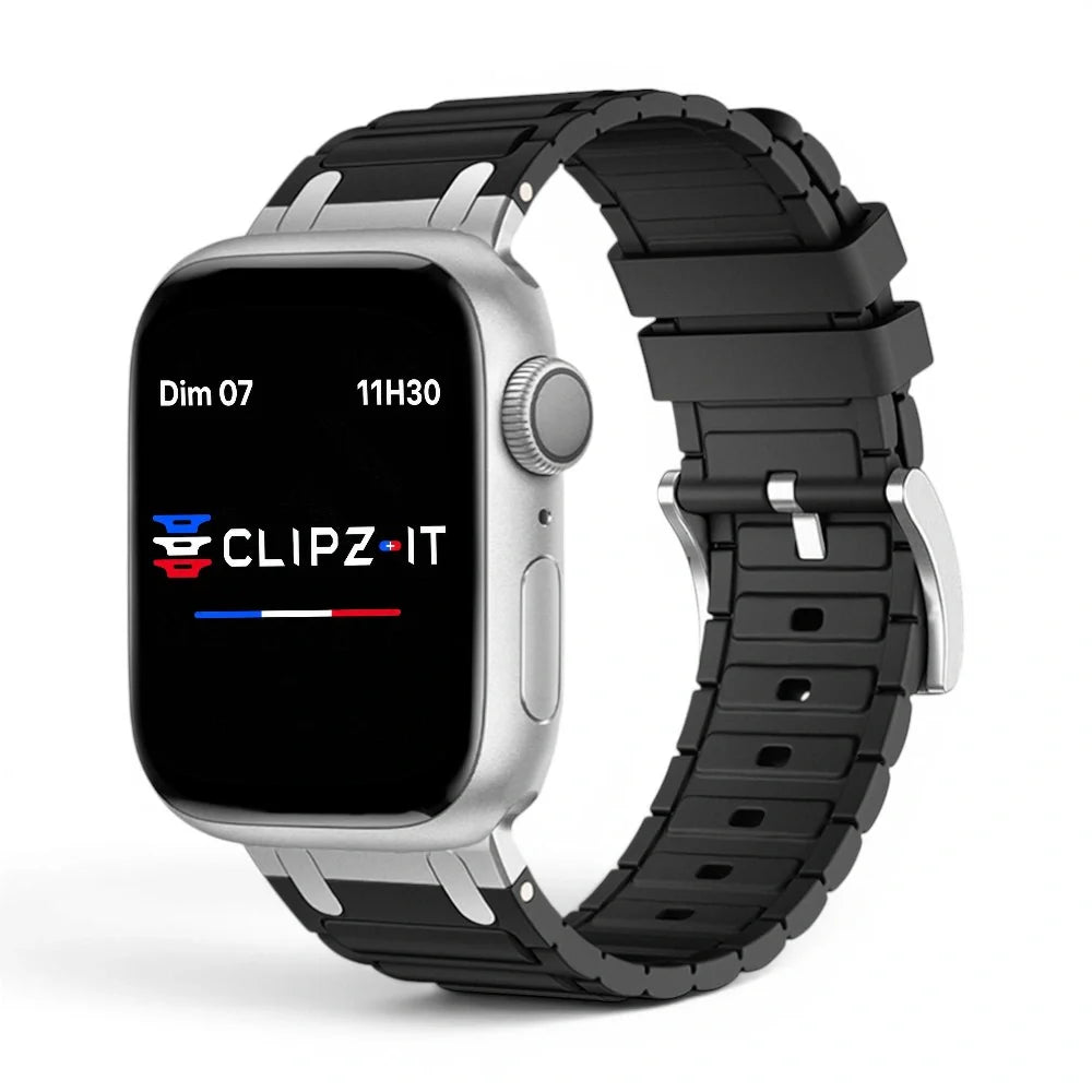 Bracelet Hexalink Silicone couleur Noir finition Argent pour Apple Watch - Clipz-it