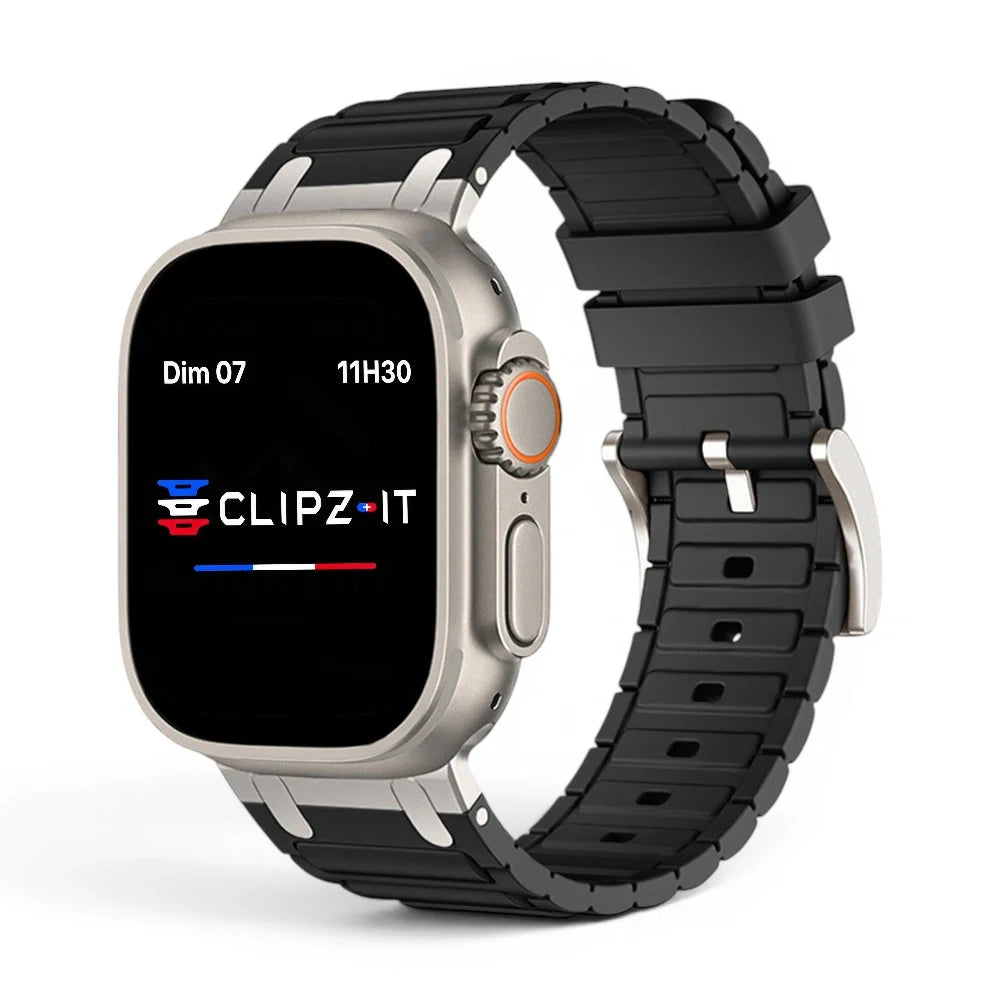 Bracelet Hexalink Silicone couleur Noir finition Titane pour Apple Watch - Clipz-it