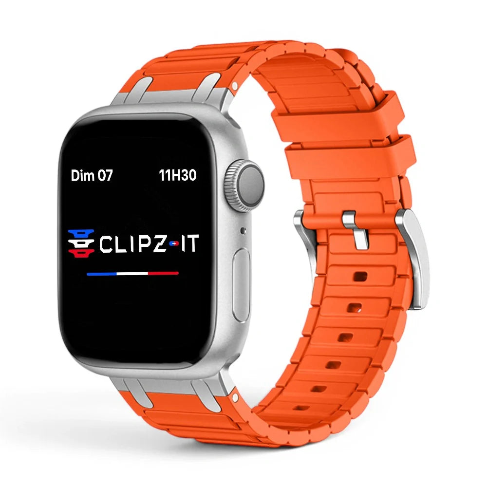 Bracelet Hexalink Silicone couleur Orange finition Argent pour Apple Watch - Clipz-it
