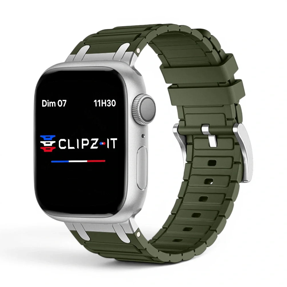 Bracelet Hexalink Silicone couleur Vert finition Argent pour Apple Watch - Clipz-it