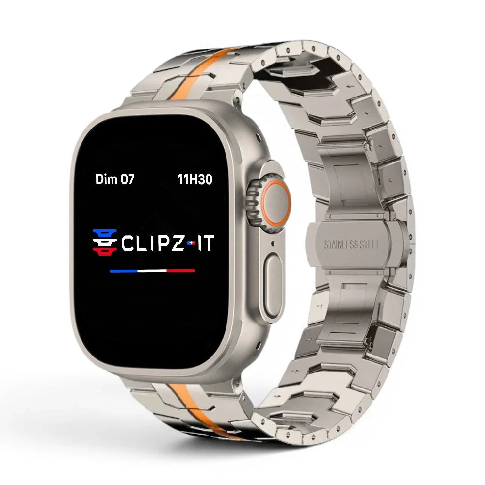 Bracelet Iron Man Acier inoxydable couleur Titane & Orange pour Apple Watch - Clipz-it