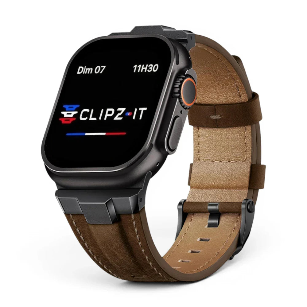 Bracelet Legend cuir et titane couleur Café finition Noir pour Apple Watch - Clipz-it