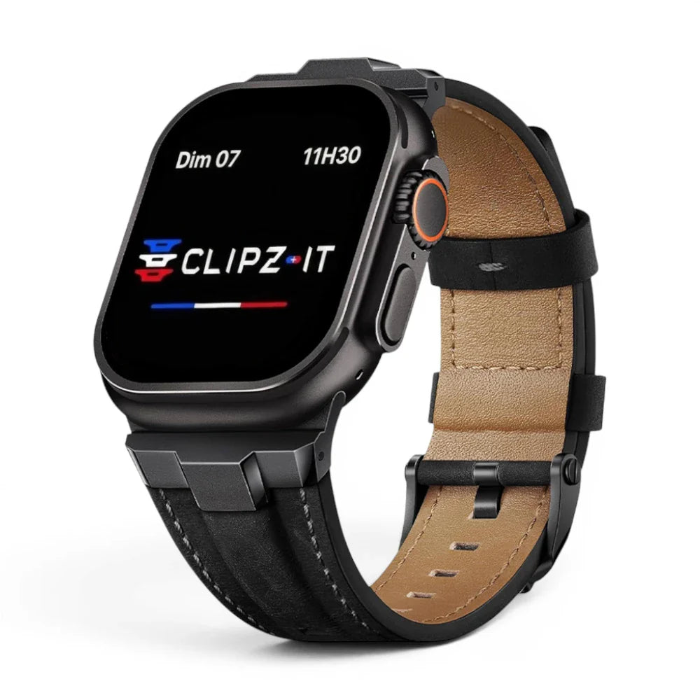 Bracelet Legend cuir et titane couleur Noir finition Noir pour Apple Watch - Clipz-it