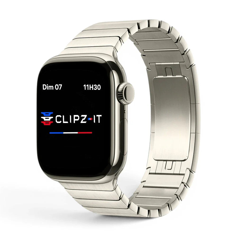 Bracelet Modula acier maillons modernes couleur lumiere-stellaire pour Apple Watch - Clipz-it