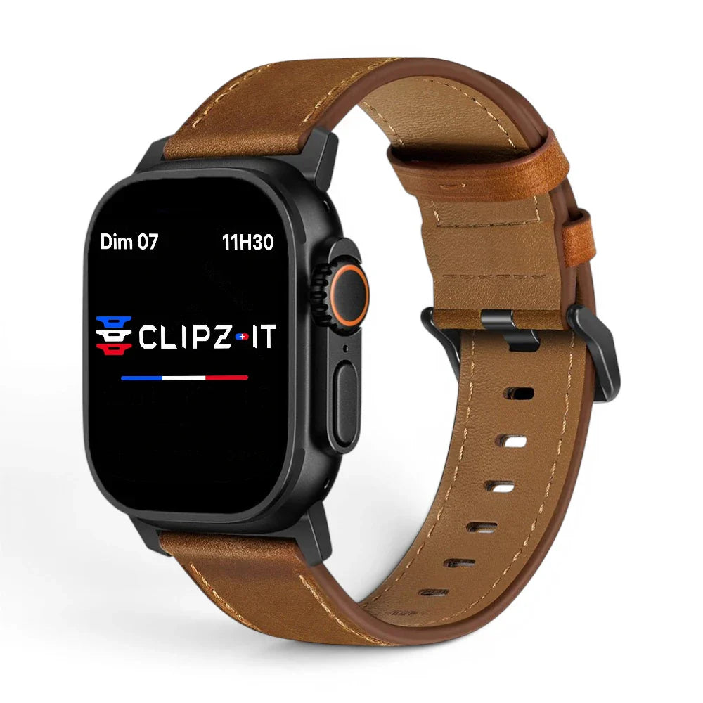 Bracelet Nappa cuir d'agneau couleur Marron finition Noir pour Apple Watch - Clipz-it