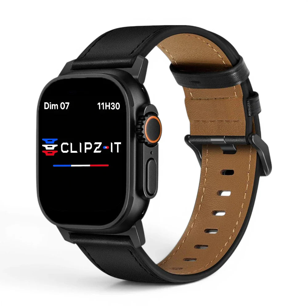 Bracelet Nappa cuir d'agneau couleur Noir finition Noir pour Apple Watch - Clipz-it