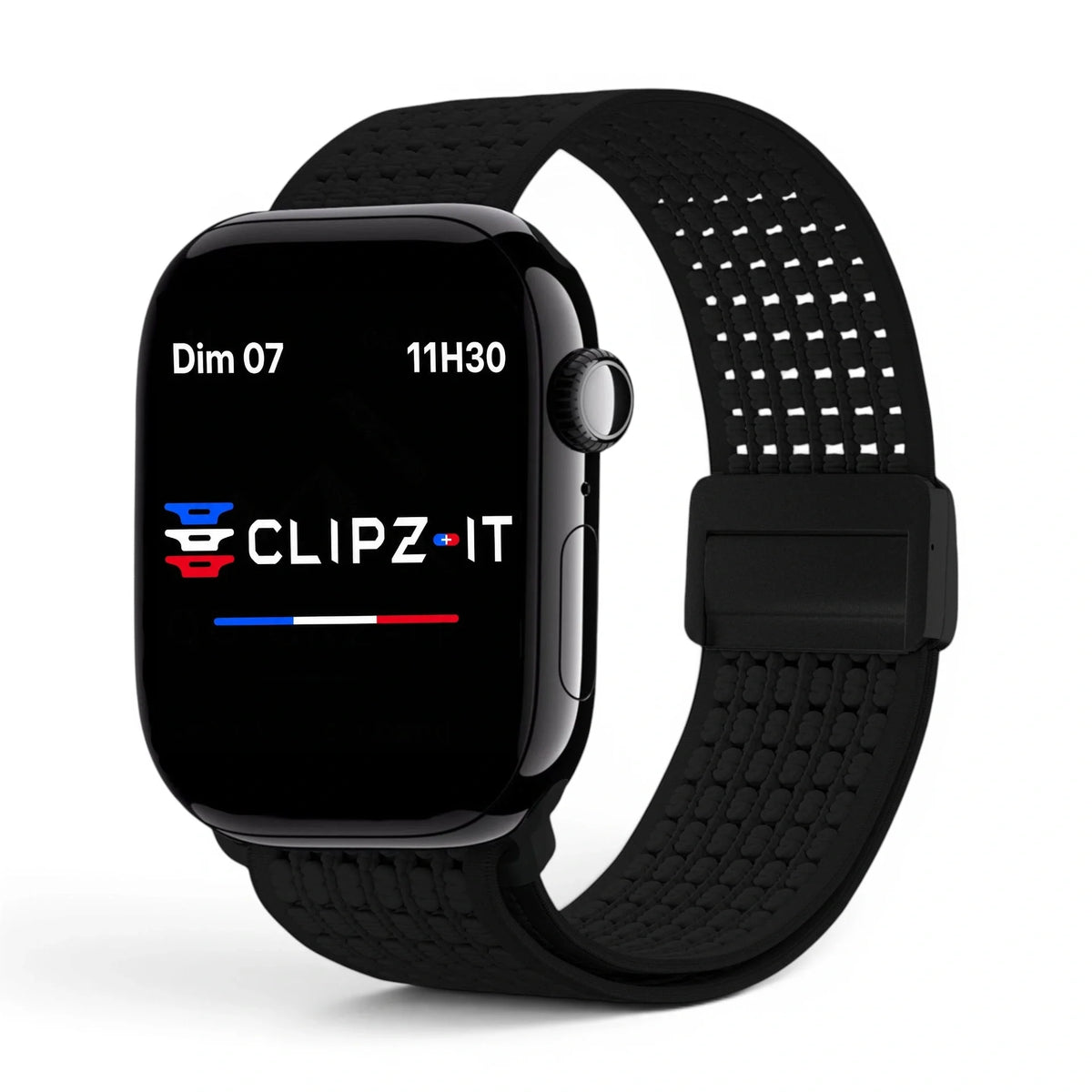 Bracelet Nova Nylon vue de face couleur Noir pour Apple Watch - Clipz-it