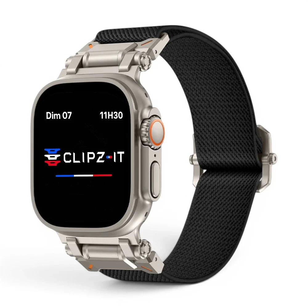 Bracelet Odyssey nylon militaire couleur noir pour Apple Watch - Clipz-it