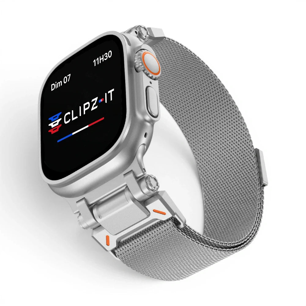 Bracelet Titan Mesh Maille milanaise titane couleur Argent pour Apple Watch - Clipz-it