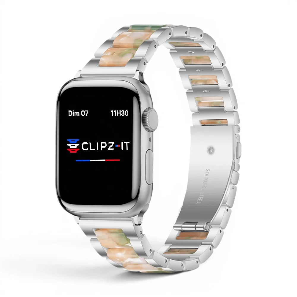 Bracelet Perla Acier inoxydable couleur Nacre finition Argent pour Apple Watch - Clipz-it