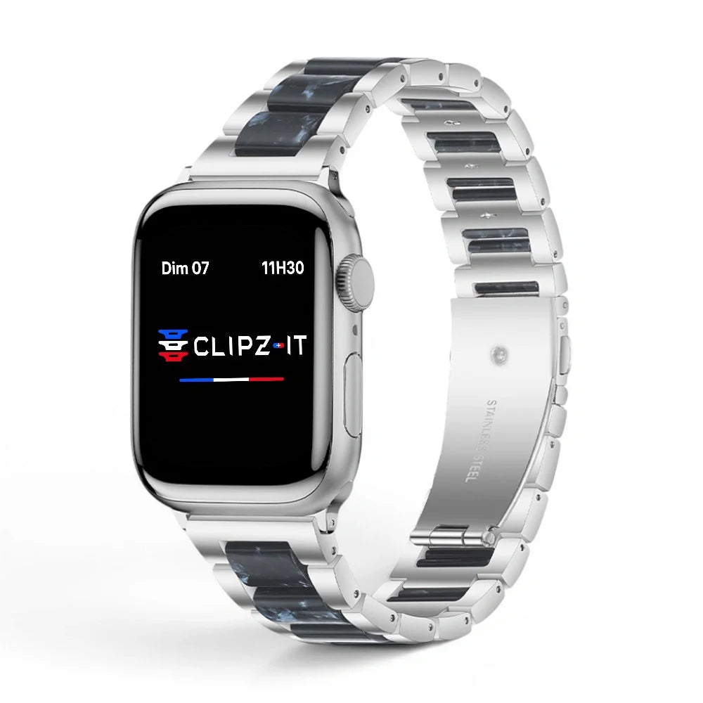 Bracelet Perla Acier inoxydable couleur Saphir finition Argent pour Apple Watch - Clipz-it