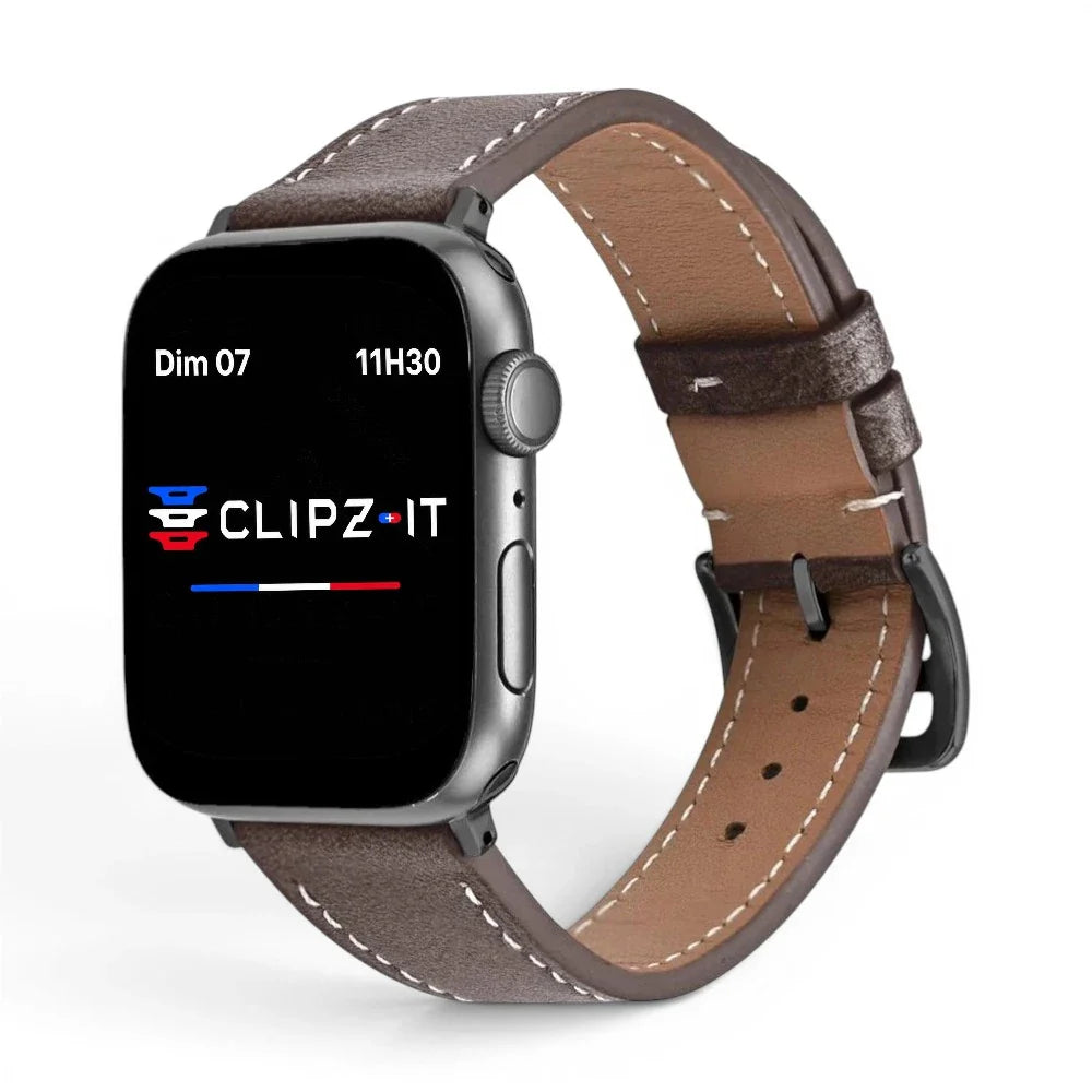 Bracelet Rancher cuir vachette couleur cafe pour Apple Watch - Clipz-it