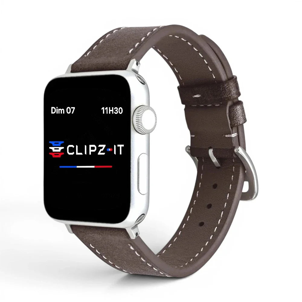 Bracelet Rancher cuir vachette couleur cafe pour Apple Watch - Clipz-it