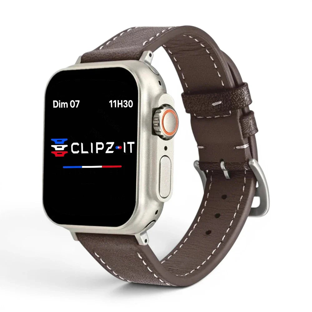 Bracelet Rancher cuir vachette couleur cafe pour Apple Watch - Clipz-it