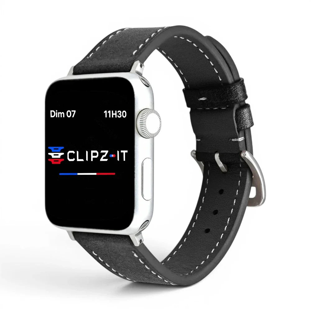 Bracelet Rancher cuir vachette couleur noir pour Apple Watch - Clipz-it