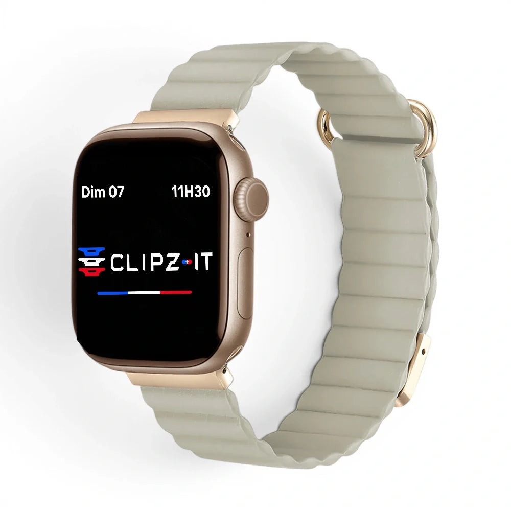 Bracelet Roxa Cuir aimanté vue de face couleur Beige pour Apple Watch - Clipz-it