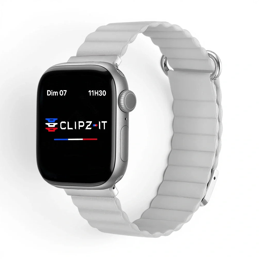Bracelet Roxa Cuir aimanté vue de face couleur Gris clair pour Apple Watch - Clipz-it
