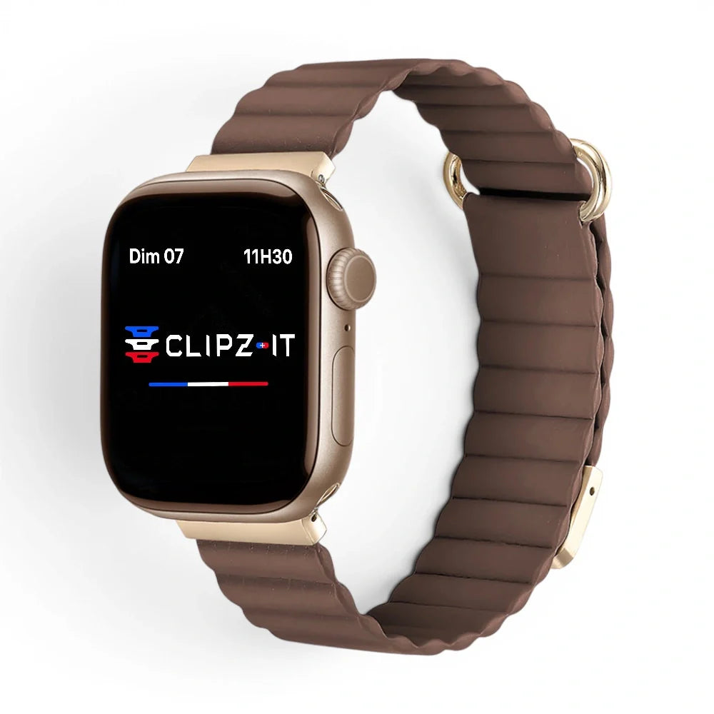 Bracelet Roxa Cuir aimanté vue de face couleur Marron pour Apple Watch - Clipz-it