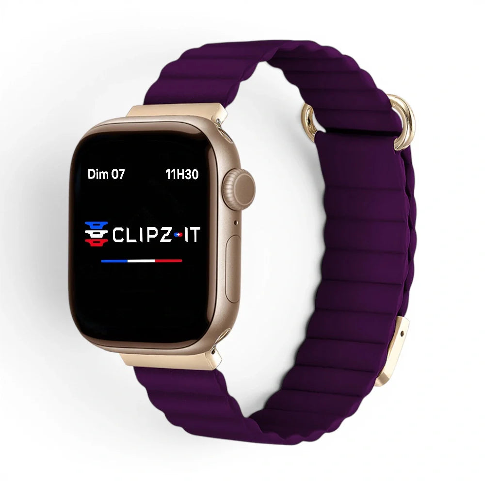 Bracelet Roxa Cuir aimanté vue de face couleur Violet pour Apple Watch - Clipz-it