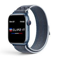 Bracelet Stretch Nylon sportif vue de face couleur Bleu gris pour Apple Watch - Clipz-it