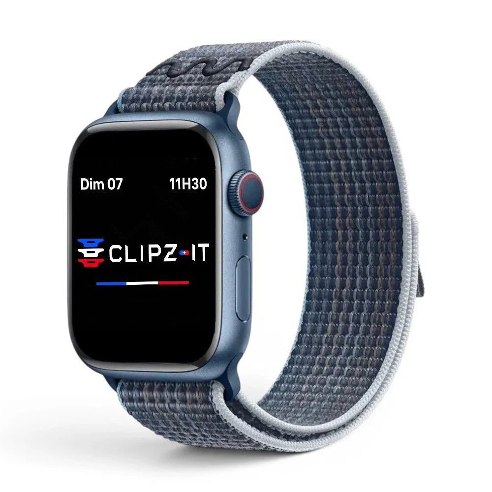 Bracelet Stretch Nylon sportif vue de face couleur Bleu gris pour Apple Watch - Clipz-it