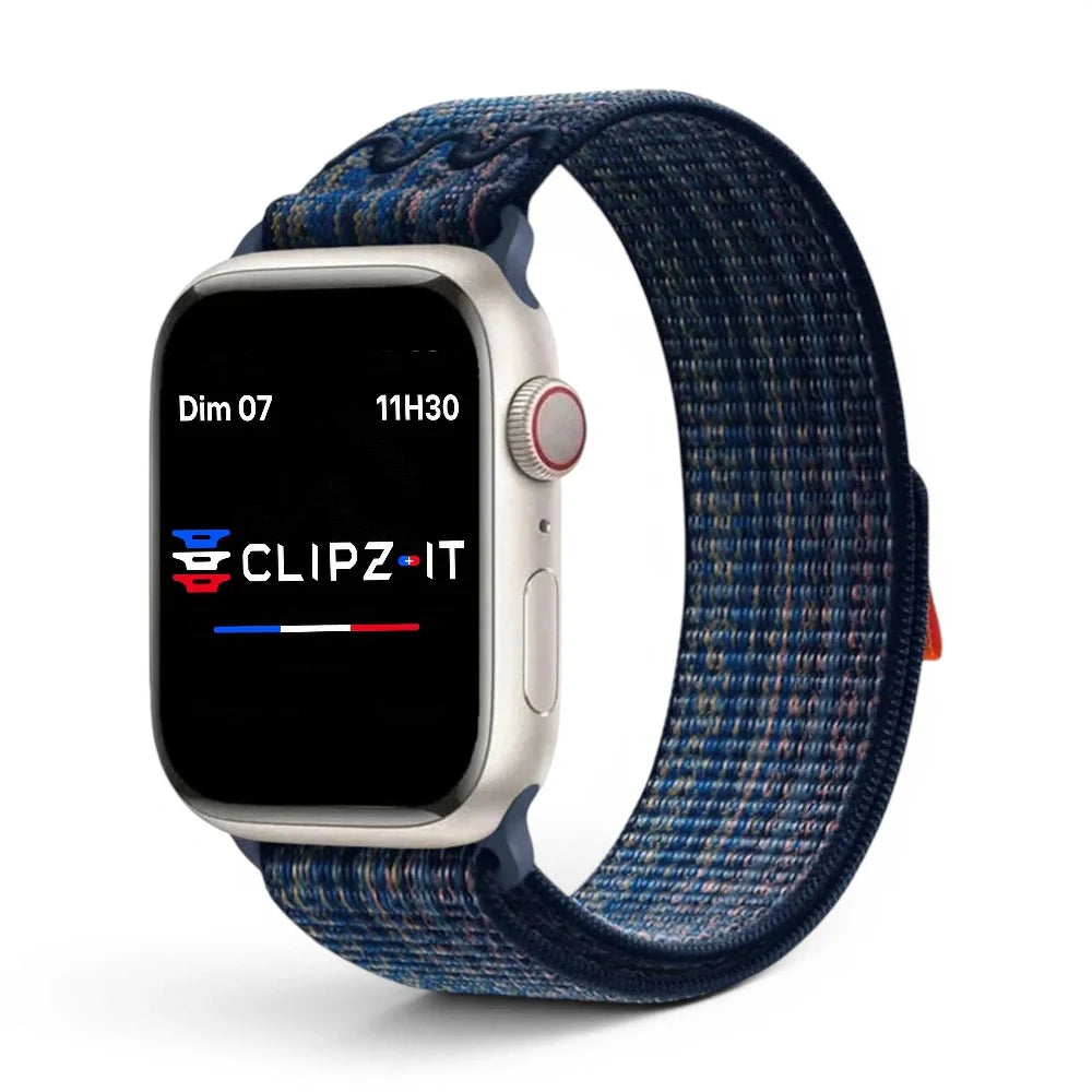 Bracelet Stretch Nylon sportif vue de face couleur Bleu nuit pour Apple Watch - Clipz-it