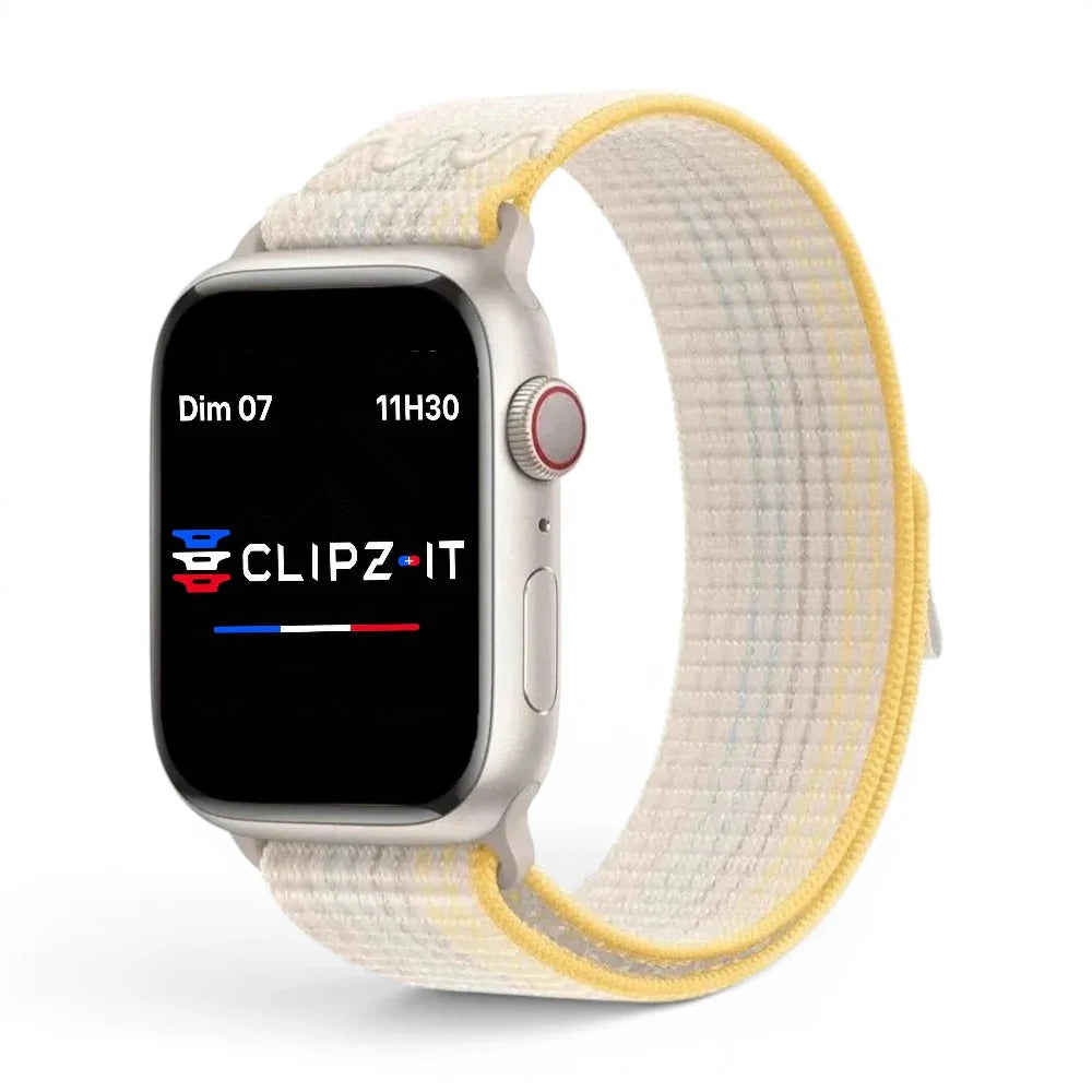Bracelet Stretch Nylon sportif vue de face couleur Jaune pour Apple Watch - Clipz-it