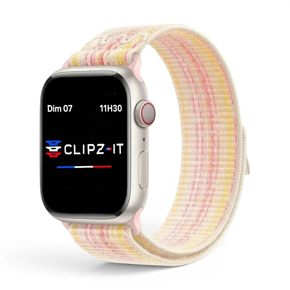 Bracelet Stretch Nylon sportif vue de face couleur Rose pour Apple Watch - Clipz-it