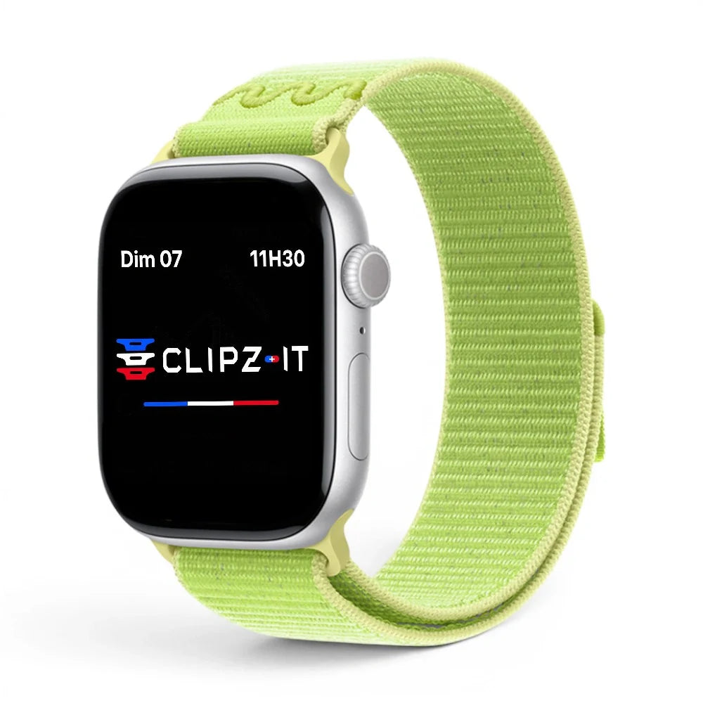 Bracelet Stretch Nylon sportif vue de face couleur Vert fluo pour Apple Watch - Clipz-it