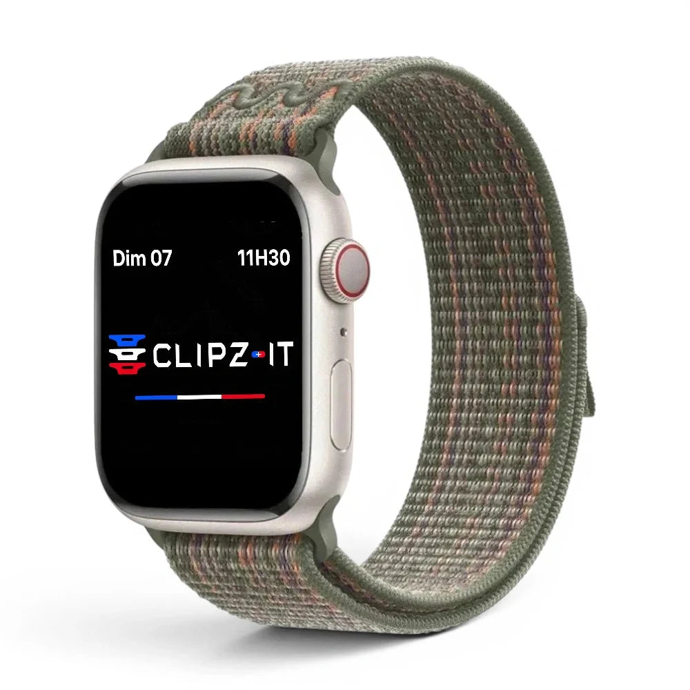Bracelet Stretch Nylon sportif vue de face couleur Vert militaire pour Apple Watch - Clipz-it