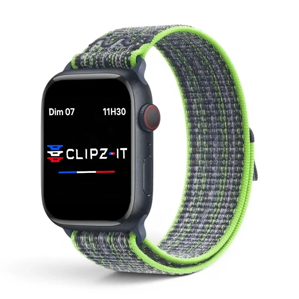 Bracelet Stretch Nylon sportif vue de face couleur Vert pour Apple Watch - Clipz-it