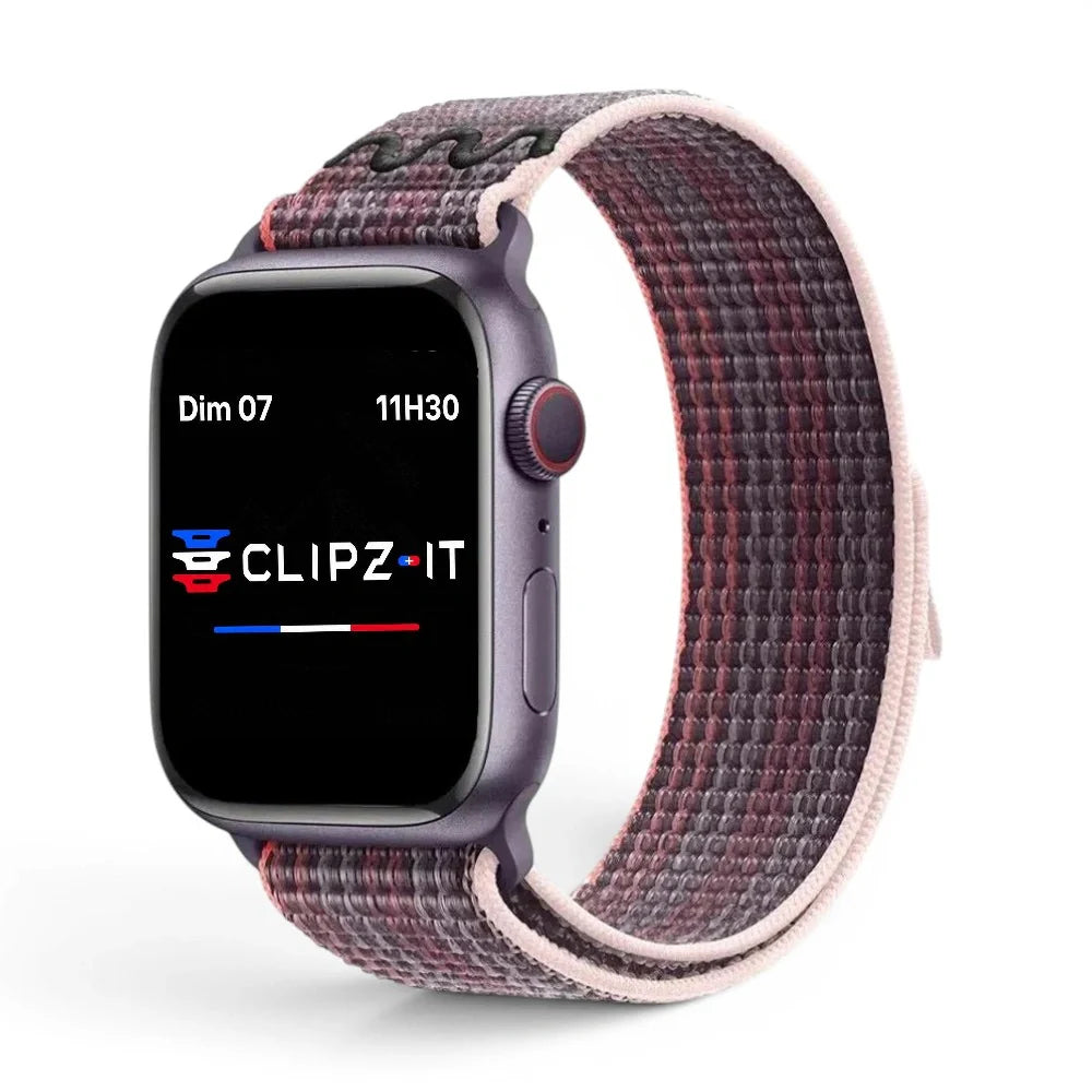 Bracelet Stretch Nylon sportif vue de face couleur Violet pour Apple Watch - Clipz-it