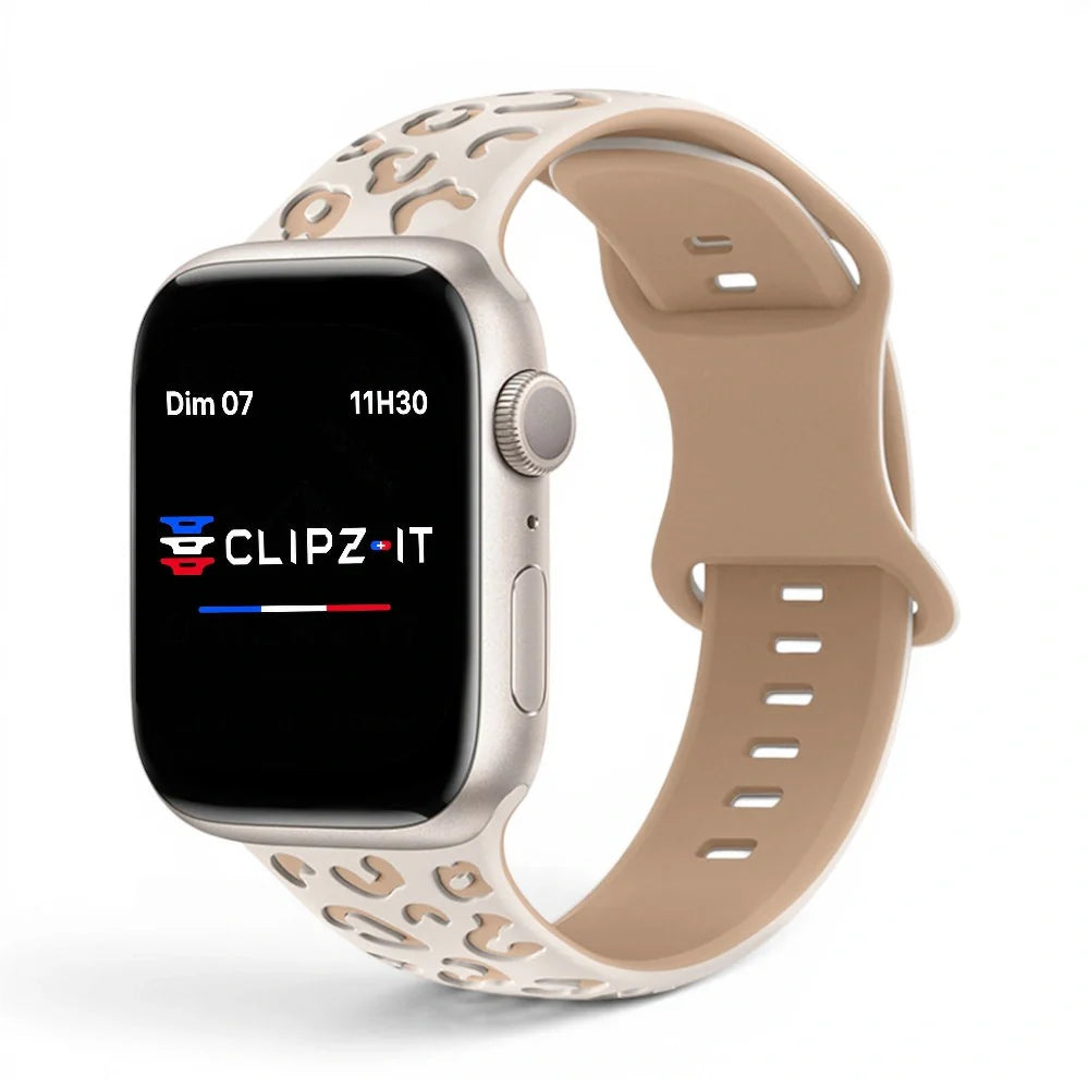 Bracelet Tigre Silicone imprimé vue de face couleur Beige pour Apple Watch - Clipz-it