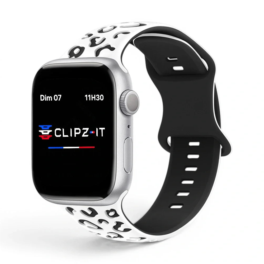 Bracelet Tigre Silicone imprimé vue de face couleur Blanc pour Apple Watch - Clipz-it