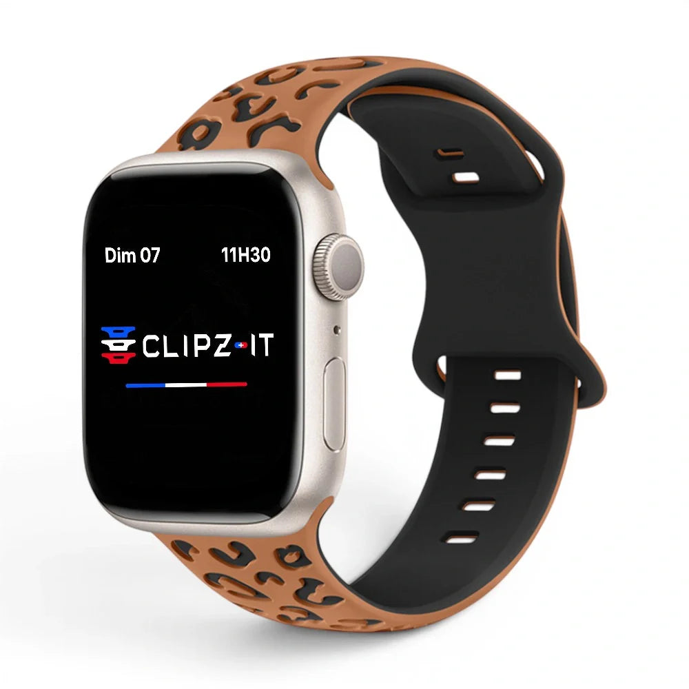 Bracelet Tigre Silicone imprimé vue de face couleur Guépard pour Apple Watch - Clipz-it