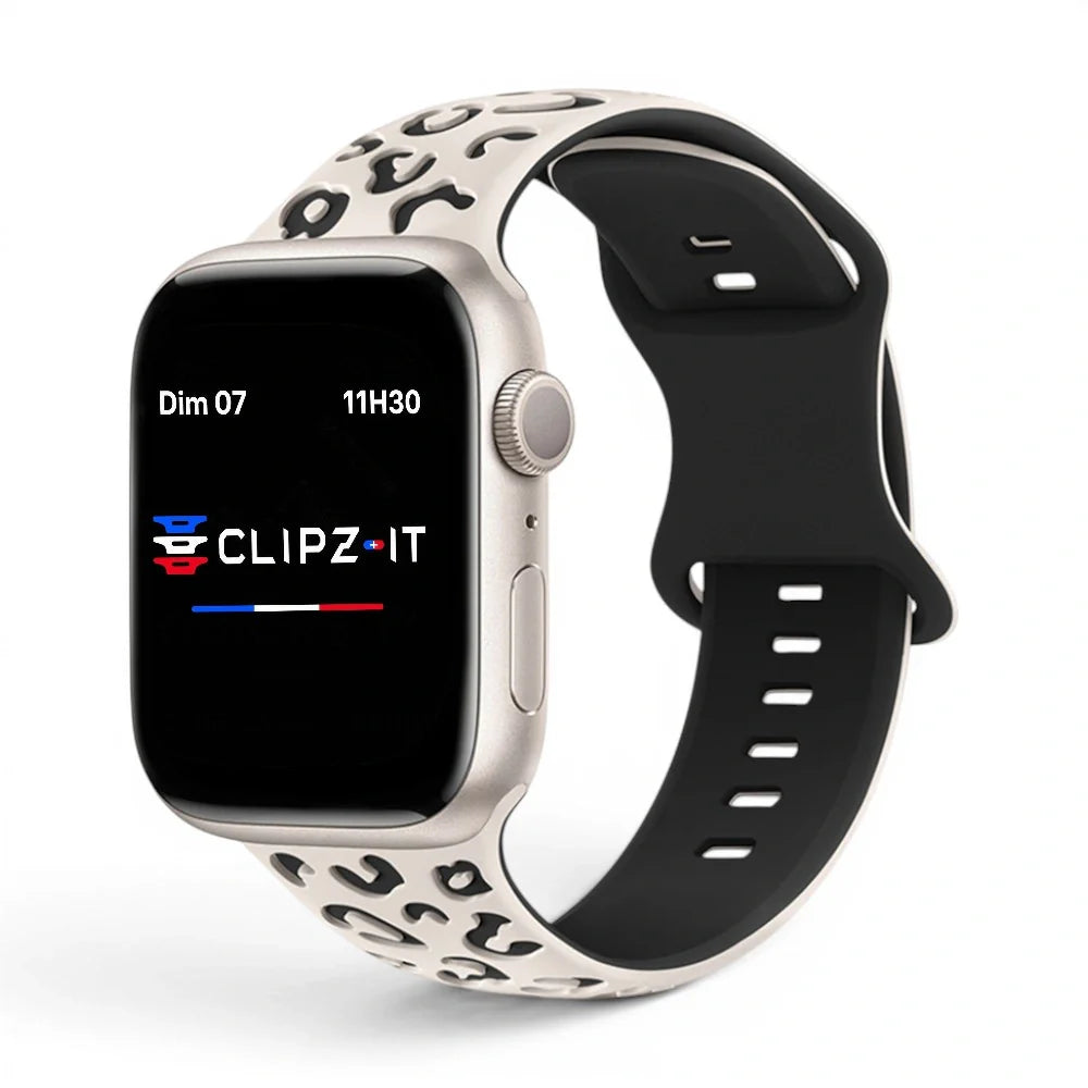 Bracelet Tigre Silicone imprimé vue de face couleur Léopard pour Apple Watch - Clipz-it
